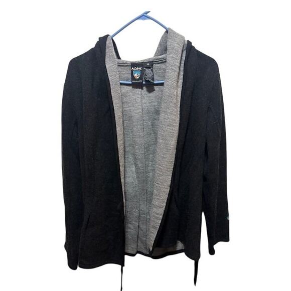 Kuhl Cardigan Merino Wool Sweater Black Gray Lining Open Front with Hood sz XS - Picture 1 of 7